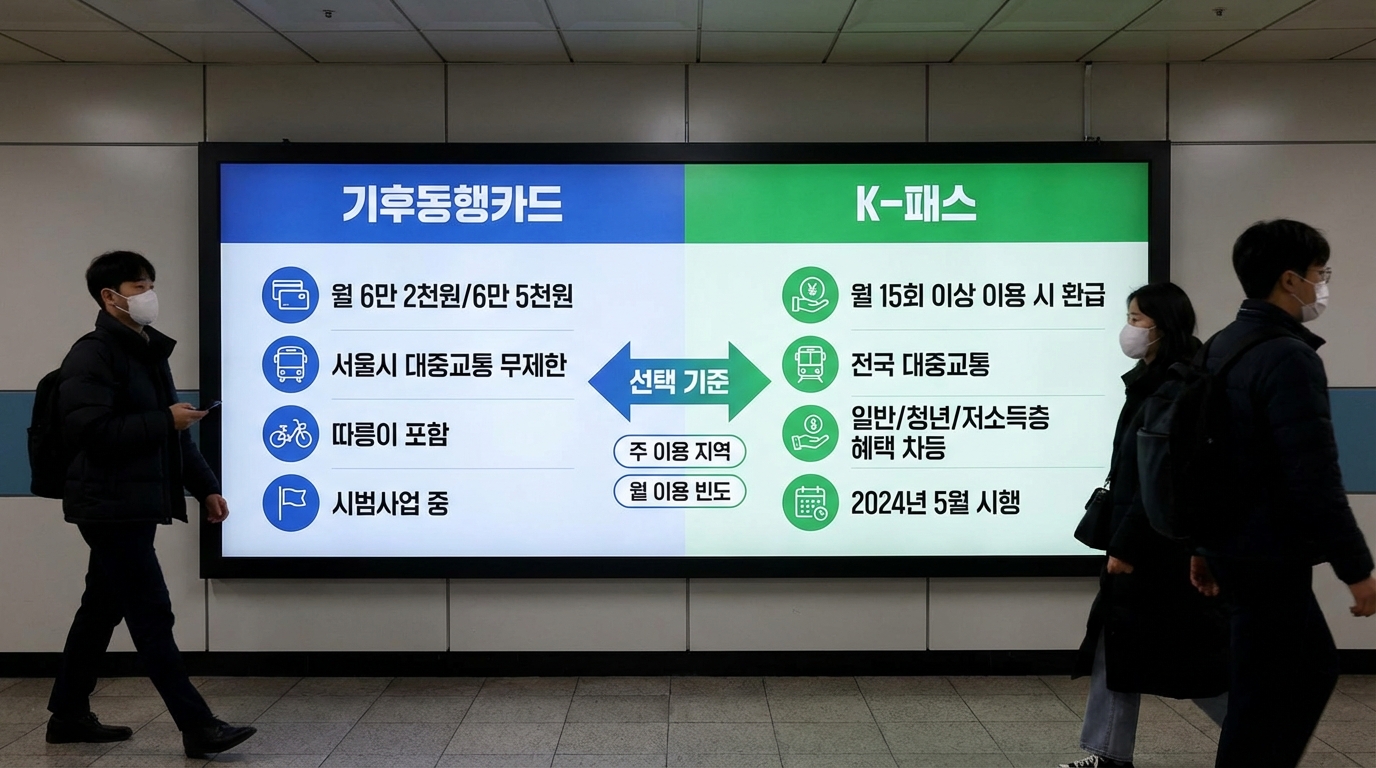 서울 기후동행카드의 정액제 혜택과 K-패스의 환급 제도를 시각적으로 대조한 인포그래픽