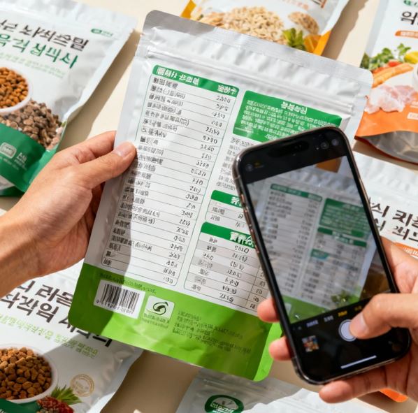 사료 봉지 뒷면 성분표를 확인하는 모습