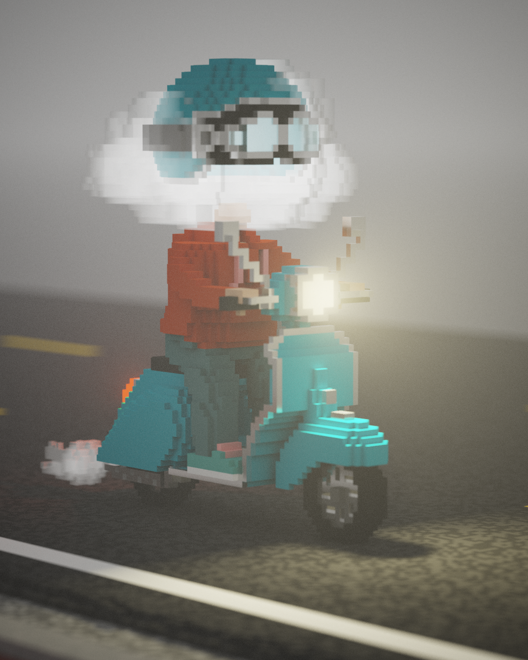 driving in the fog, vespa, motorcycle, fog, voxel
