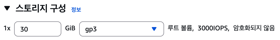 AWS 인스턴스 생성 - 스토리지 구성 섹션

- 30GB 설정
- 볼륨 타입 : gp3