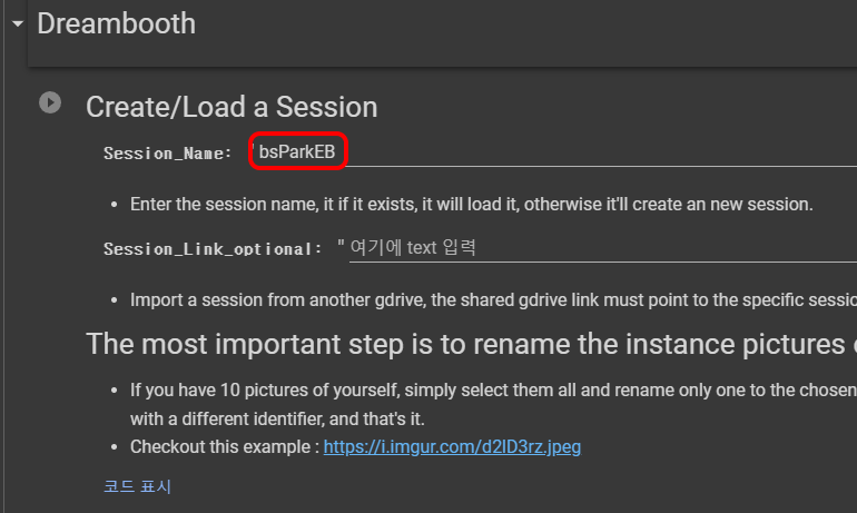 Dreambooth 세션명 설정