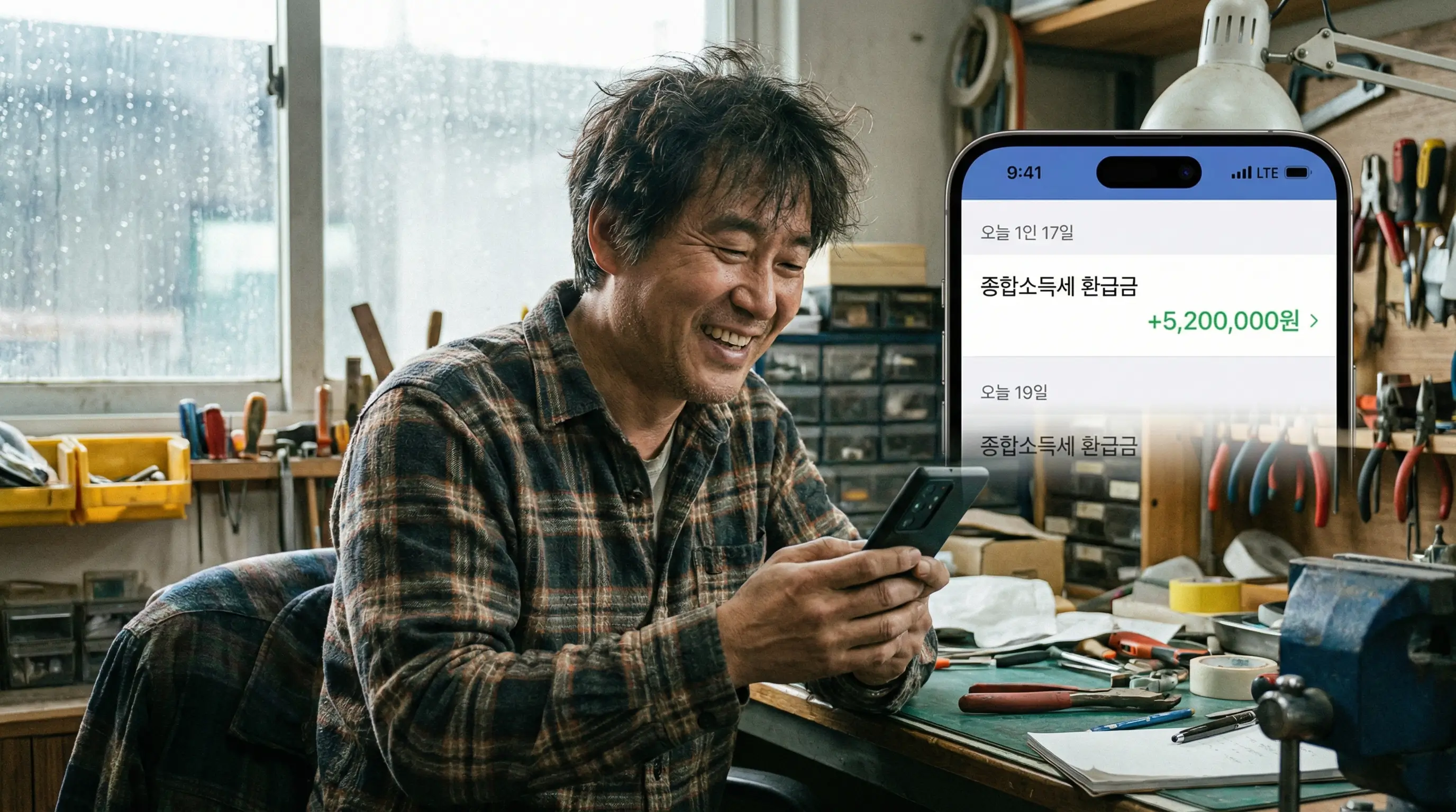 종합소득세 환급금이 입금된 통장 내역을 확인하고 안도하며 미소 짓는 개인사업자의 모습
