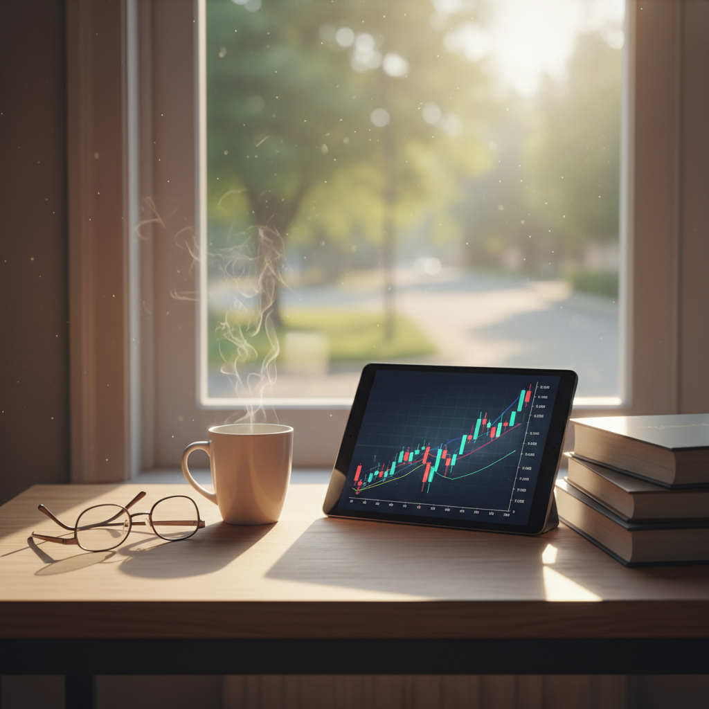 "따뜻한 햇살이 비치는 창가와 경제 서적이 놓인 책상의 평화로운 풍경"