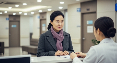 병원 접수창구에서 진료 접수하는 중년 여성
