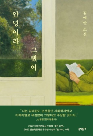 김애란 소설 안녕이라 그랬어 표지 - 창밖 풍경과 책을 읽는 인물이 그려진 평화로운 그림
