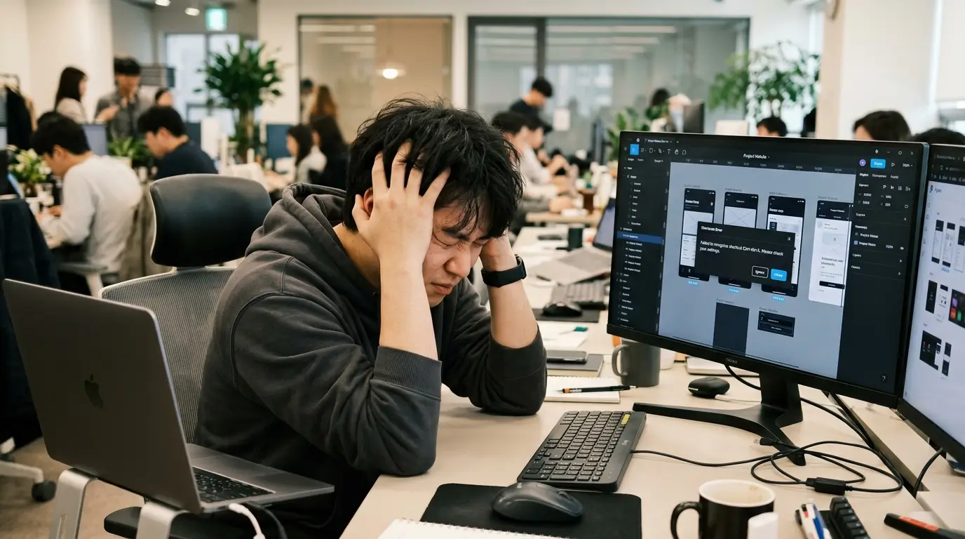 단축키 에러 알림창이 뜬 피그마 화면과 멘붕에 빠져 머리를 감싸 쥔 UIUX 디자이너의 모습