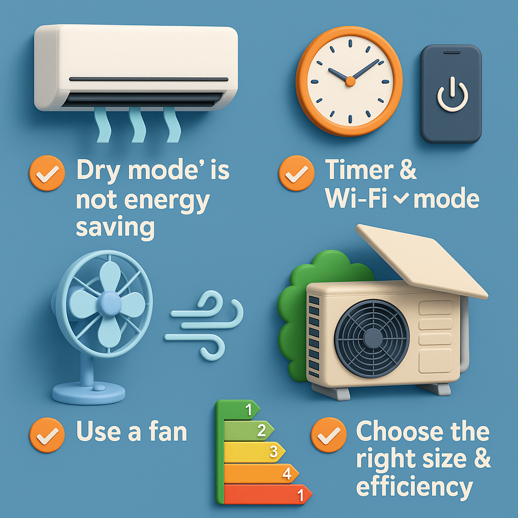 에어컨 전기세 줄이는 방법을 각각 그림으로 표현하고 있음. 드라이모드는 에너지 절약이 아니다. 타이머를 활용하라. 선풍기를 활용하라. 등등
