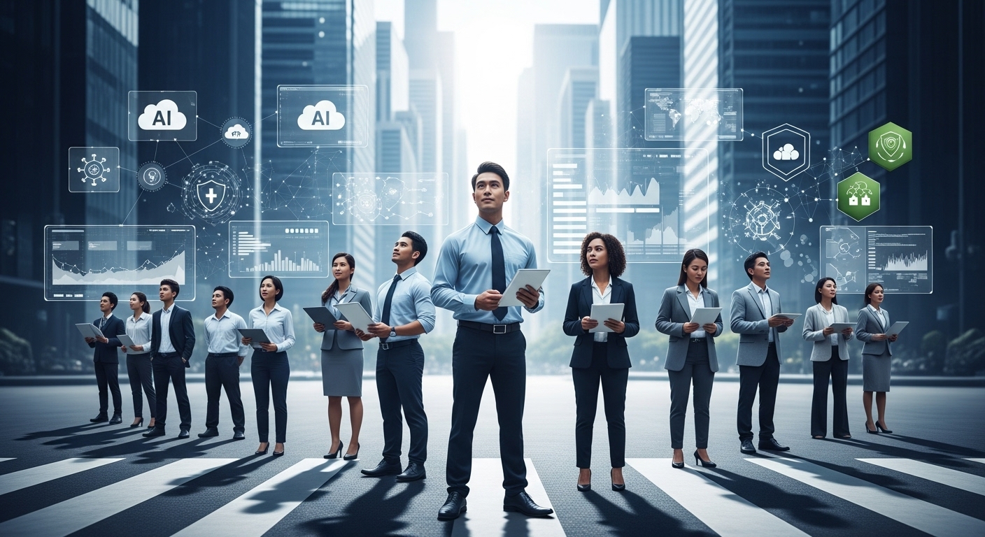 2025년 미래 취업 시장에서 AI, 클라우드, 데이터 보안 등 첨단 기술 자격증을 통해 성공적인 커리어를 만들어가는 다양한 직업군 전문가들의 희망찬 모습