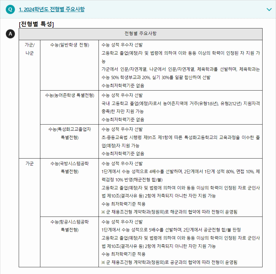 2024학년도 세종대학교 수능위주전형 전형별 주요사항