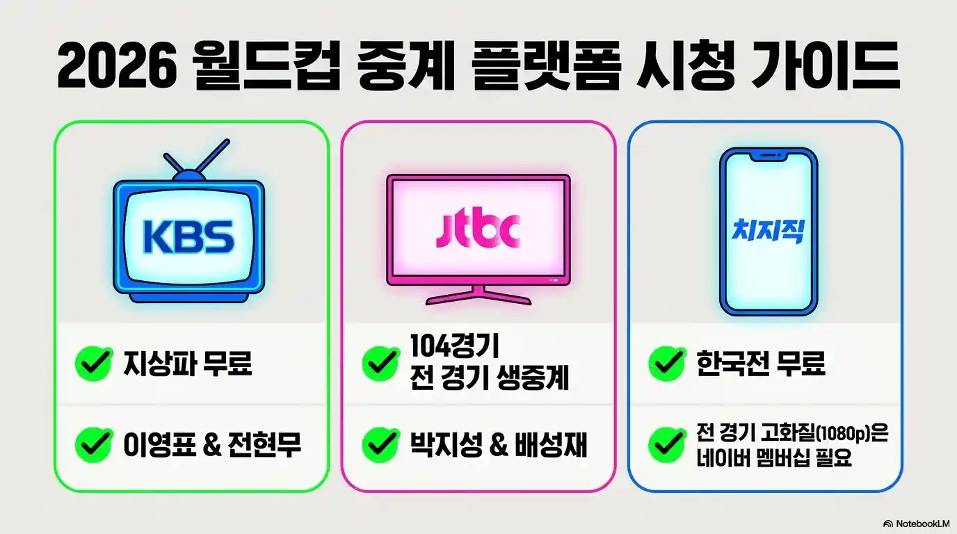 2026 북중미 월드컵 한국 중계 플랫폼 시청 가이드 - KBS(지상파 무료, 이영표·전현무), JTBC(104경기 전 경기 생중계, 박지성·배성재), 치지직(한국전 무료, 전 경기 1080p는 네이버 멤버십 필요)