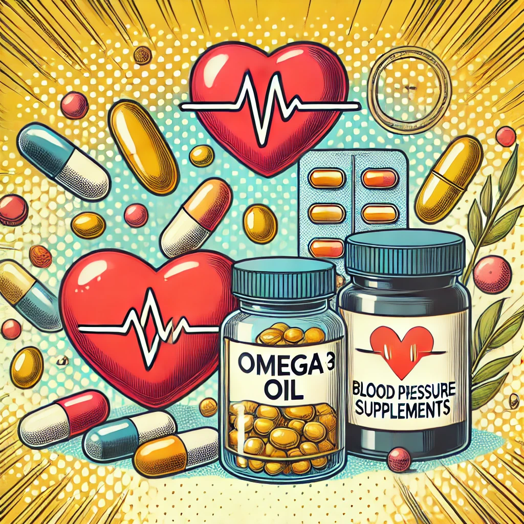 오메가3 보충제(생선 오일 캡슐, 아마씨유)들이 정렬된 모습 (혈압 조절과 심장 건강 강조)