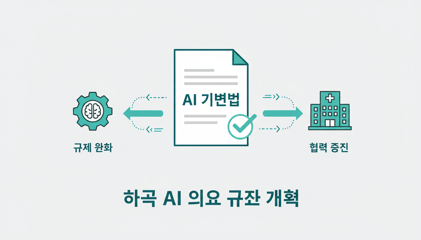 A clean flat-design infographic illustrating AI healthcare regulation reform in Korea. Show a document labeled AI 기본법 with a green checkmark, a hospital building icon, and arrows showing reduced barriers between AI company and hospital. Teal and white color scheme. Modern Korean policy infographic style, minimal icons.