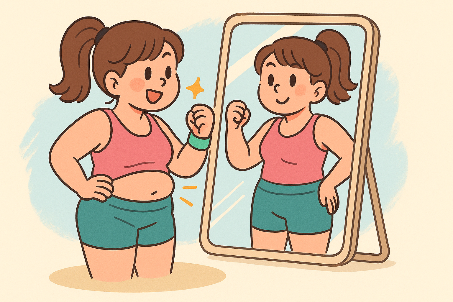 거울을 보며 다이어트를 다짐하는 일러스트