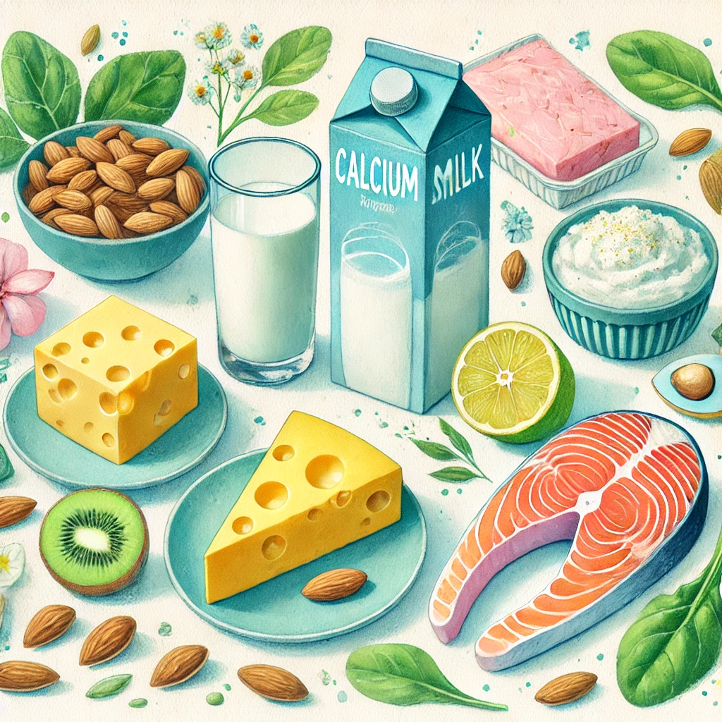 칼슘이 풍부한 음식들 (우유, 치즈, 아몬드, 연어, 채소 등)