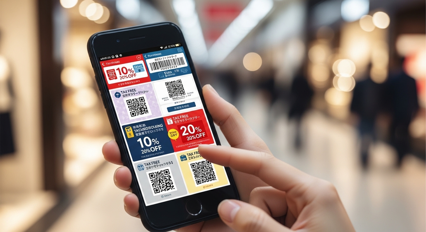 일본 쇼핑 거리 배경으로 할인 쿠폰 앱이 켜진 스마트폰을 들고 있는 손. 스마트한 쇼핑을 위한 준비를 보여준다.