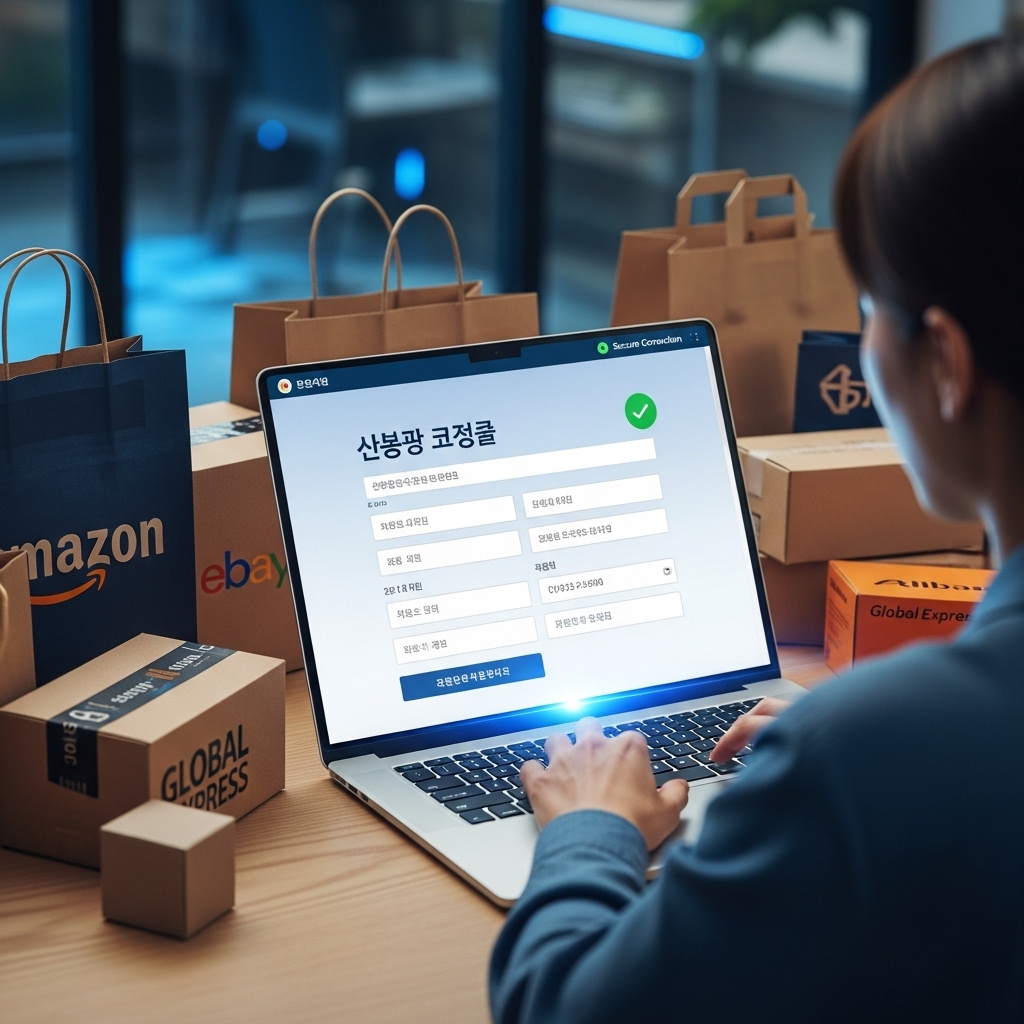 노트북으로 개인통관고유부호를 재발급받는 모습, 옆에는 해외직구 택배 상자들이 쌓여있어 해외직구의 편리함을 강조합니다.