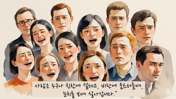 “사람은 누구나 칭찬에 설레고, 비판에 움츠러들며, 눈치를 보며 살아갑니다.”에 관한 그림입니다