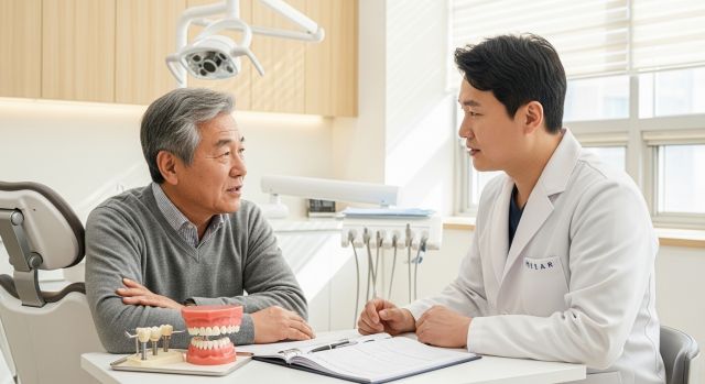 노인 임플란트 건강보험 상담 장면