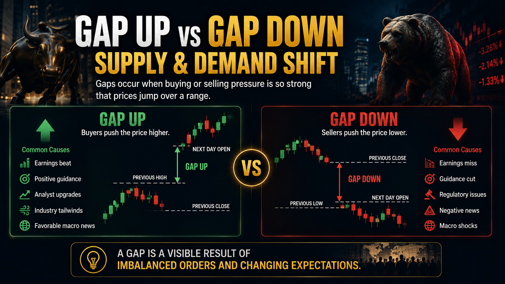 Gap up versus gap down comparison showing how buying and selling pressure creates stock price gaps.