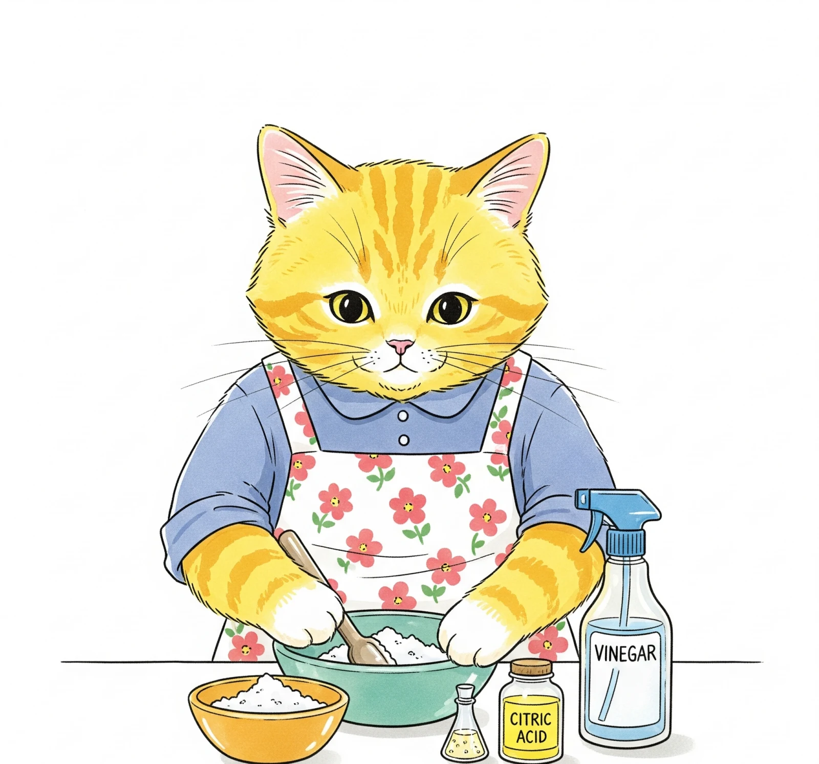 천연세제를 활용하는 고양이 그림, Illustration of a cat utilizing natural cleaners