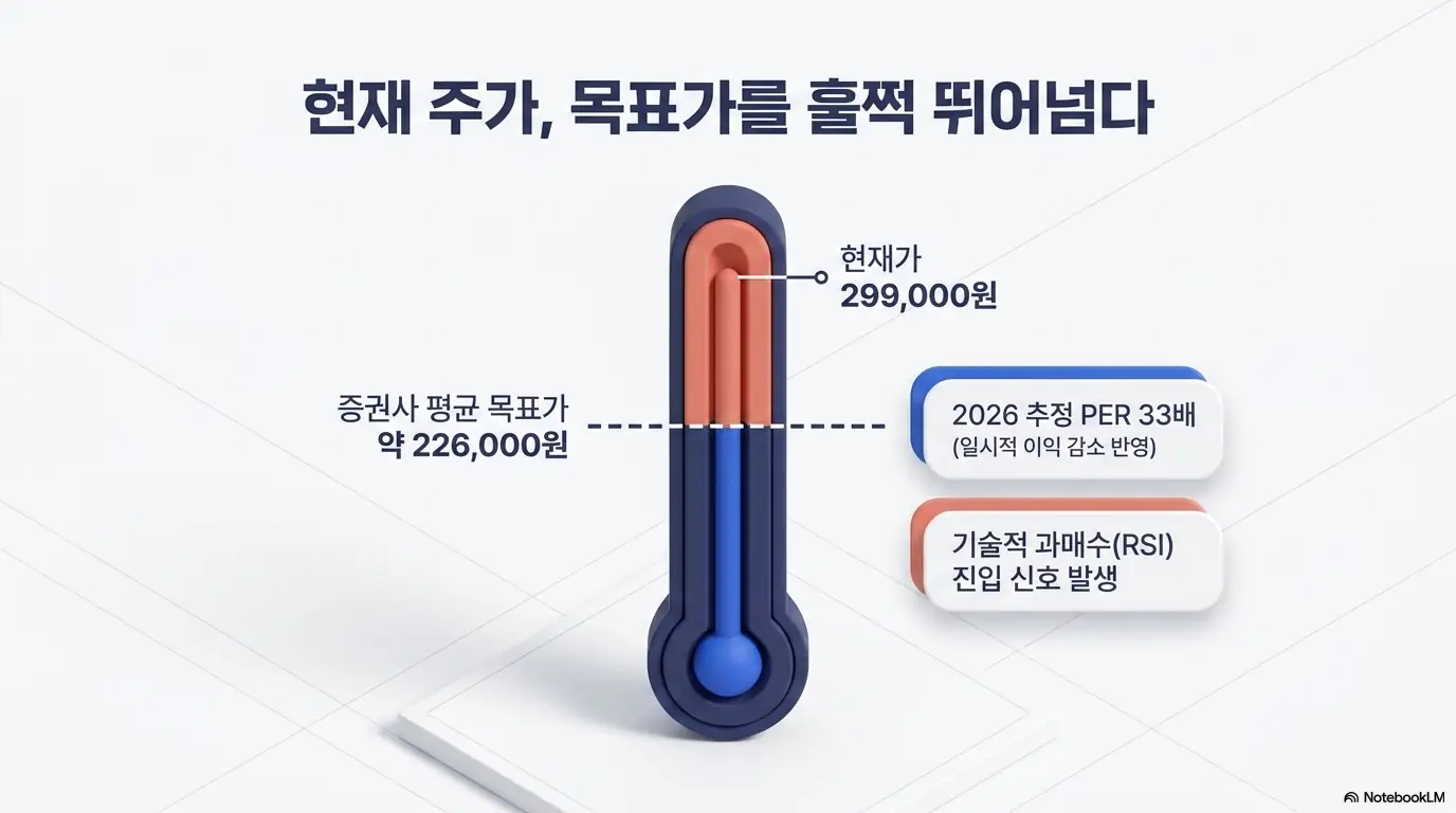 삼성SDS 주가전망: 삼성SDS 현재가 299,000원이 증권사 평균 목표주가 약 226,000원을 넘어선 상태와 2026년 추정 PER 약 33배, 기술적 과매수 신호를 온도계로 표현한 이미지. 주가의 현재 위치와 과열 신호를 시각적으로 전달하며, 블로그의 삼성SDS 주가 전망 주제를 설명함