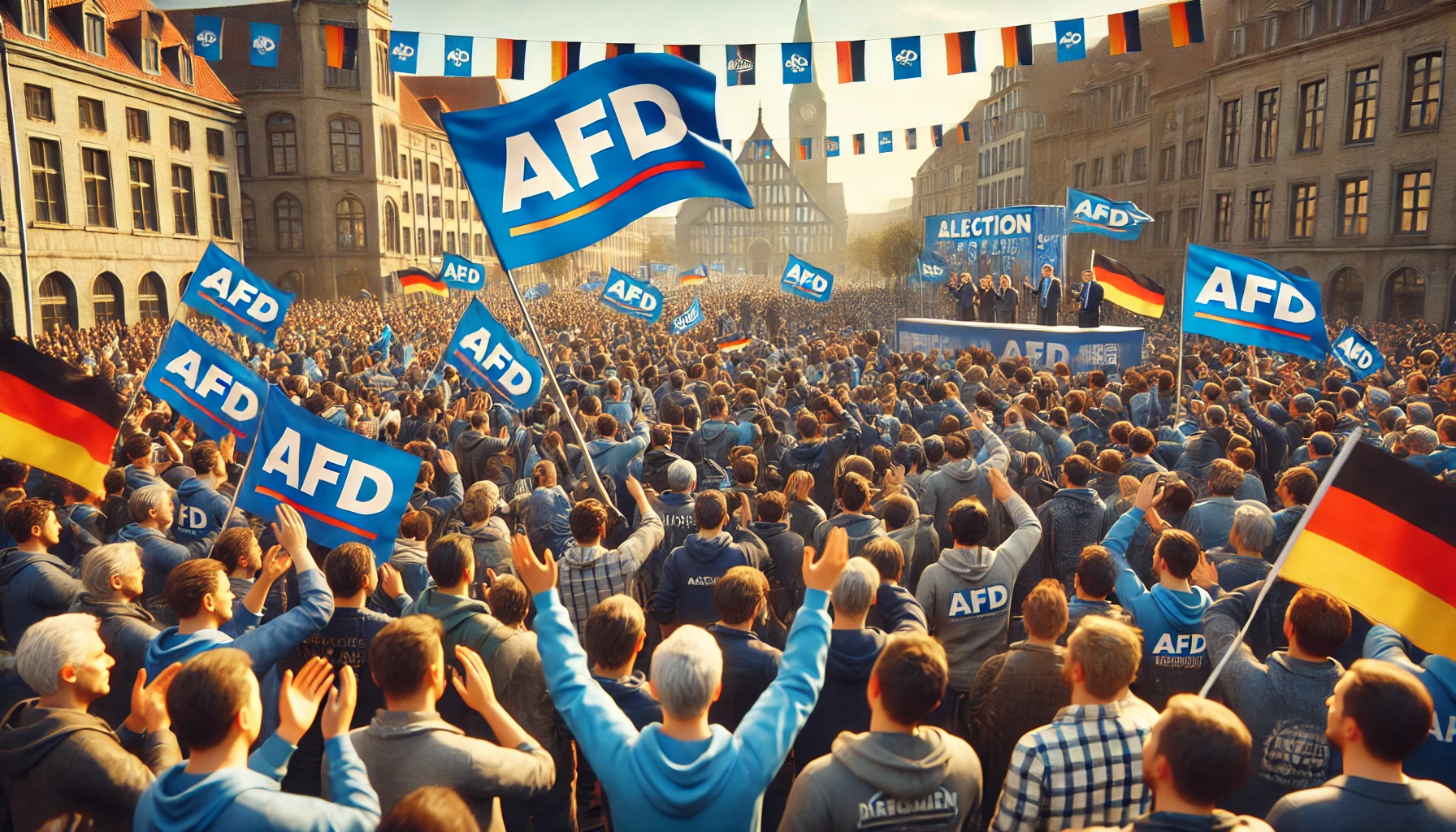 독일 총선 현장을 배경으로, AfD 지지자들이 깃발을 흔들고 있는 모습
