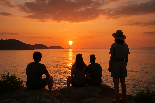 남자 두명과 여자 2명이 바닷가에서 빨갛게 물든 노을을 바라보며 있는 모습