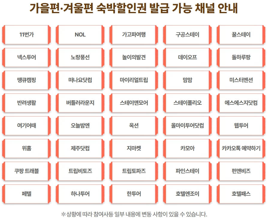 가을, 겨울편 숙박할인권 발급 가능 채널 안내