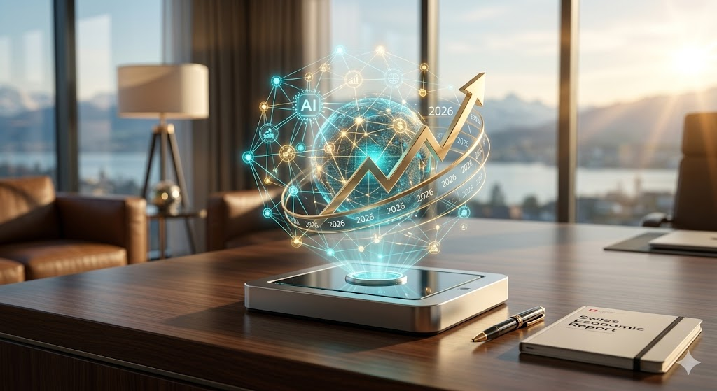 Close-up futuristic Swiss wealth management desk overlooking Zurich Alps at sunrise, featuring complex 3D holographic data streams and rising golden graph charts, symbolizing the 2026 wealth landscape defined by AI and Global Macro Trends.