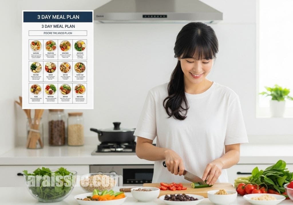 식단 루틴 계획을 보며 3일 식사를 준비하는 여성