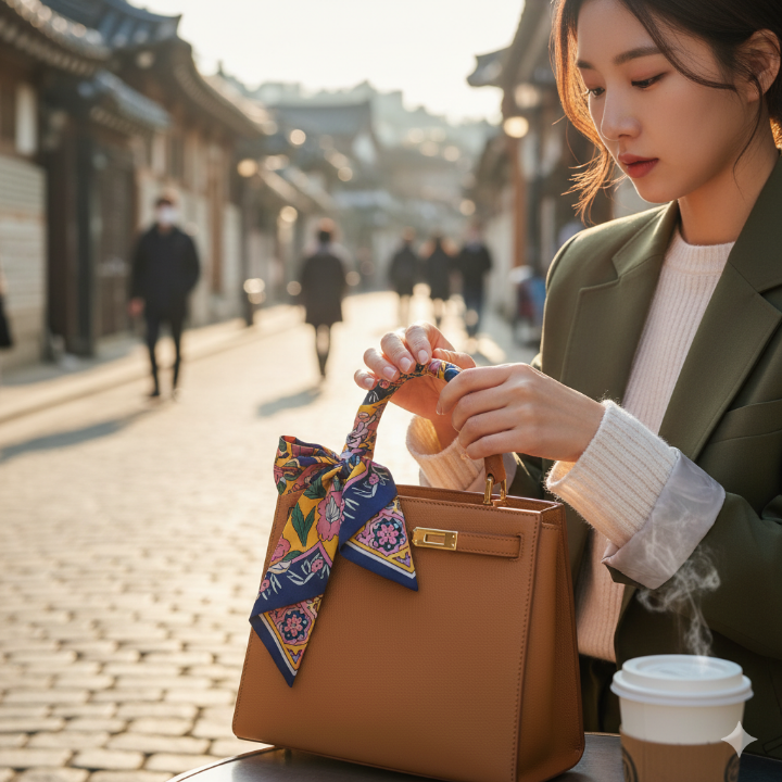 모델이 가방 핸들에 트윌리 스카프를 감고 있는 모습