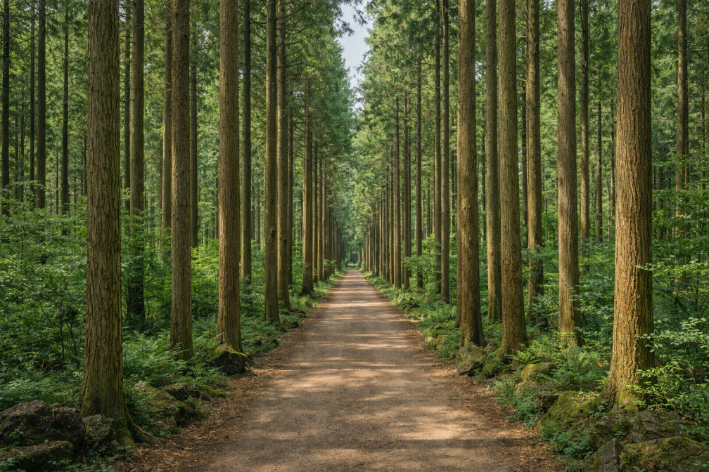 제주 절물자연휴양림 삼나무숲길과 곧게 이어진 산책로 풍경