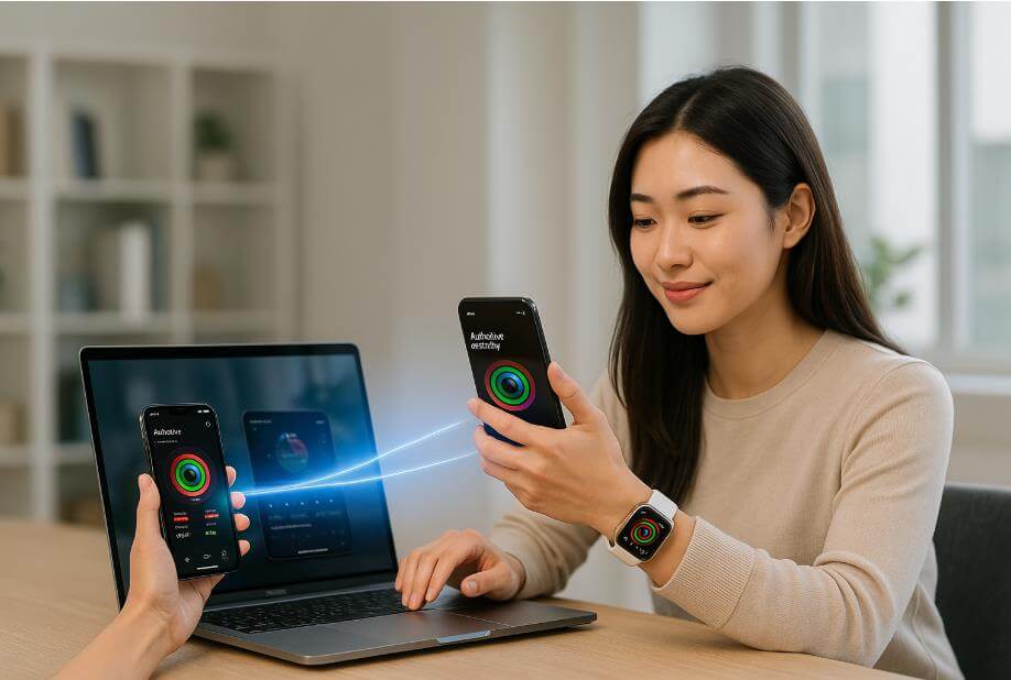 AI로 기기 간 완벽한 연동을 보여주는 애플 생태계 장면