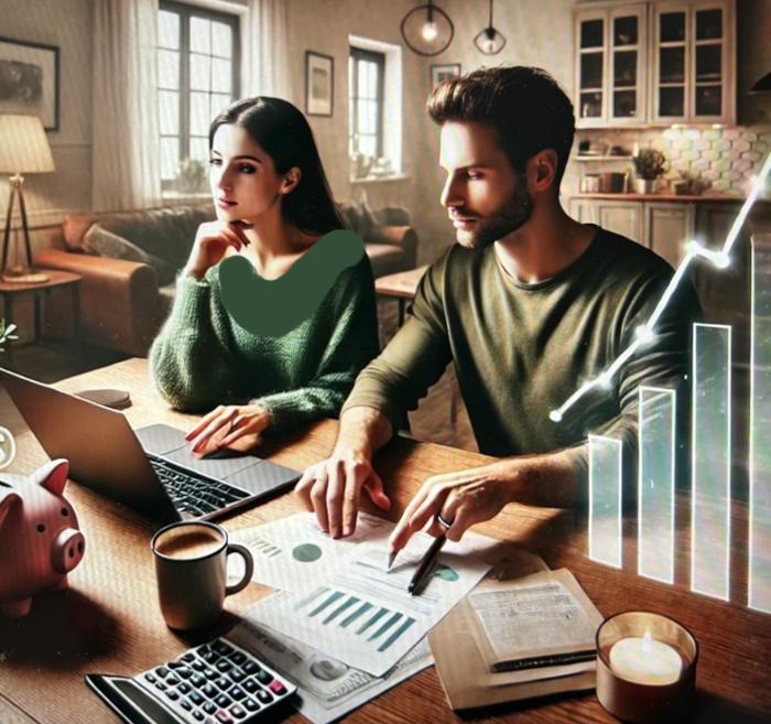 신혼부부 재테크 전략 글 썸네일 - 신혼부부가 컴퓨터 앞에서 재테크 전략을 짜고 있는 모습