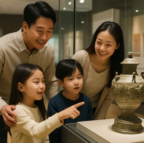 박물관에서 유물을 보고 있는 가족
