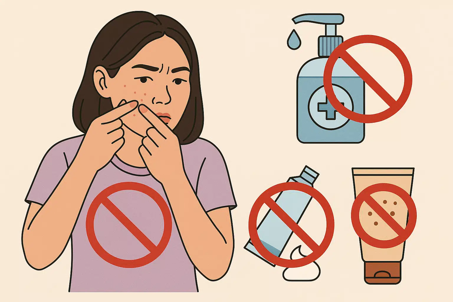 손으로 여드름을 짜는 모습, 알코올 소독제·치약·스크럽제를 잘못 사용하는 장면을 ‘금지 표시’