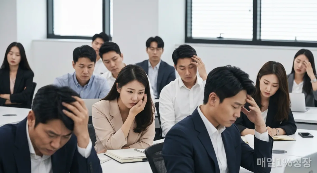 회의실에서 스트레스를 받는 다양한 연령대의 한국인 직장인들