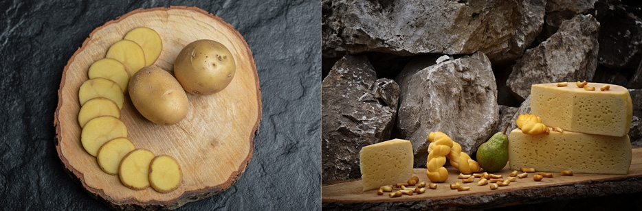 왼쪽은 나무깔판 위에 감자 2개와 감자를 편으로 썰어 놓은 것을 가지런히 놓아두고 찍은 사진이고&#44; 오른쪽은 나무테이블 위에 치즈 덩어리 2개와 치즈조각 1개&#44; 그리고 배 1개와 꽈배기 3개를 흩어놓고 찍은 사진