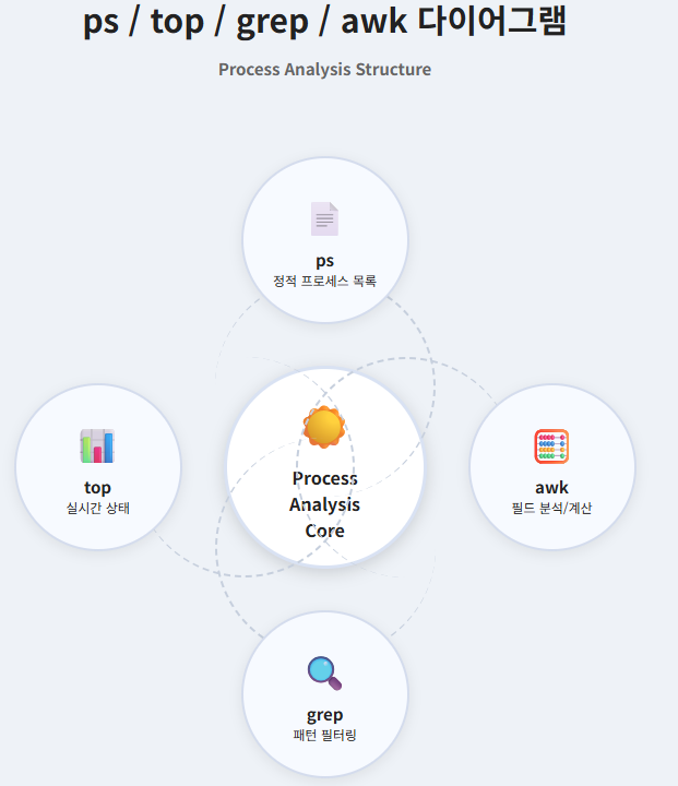 ๋ฆฌ๋
์ค ps, top, grep, awk ๋ช
๋ น์ด์ ์ญํ ๊ณผ ํ๋ฆ์ ์๊ฐํํ ํ๋ก์ธ์ค ๋ถ์ ๋ค์ด์ด๊ทธ๋จ. ps๋ ์ ์ ํ๋ก์ธ์ค ๋ชฉ๋ก, top์ ์ค์๊ฐ ์ํ, grep์ ํจํด ํํฐ๋ง, awk๋ ํ๋ ๋ถ์์ ๋ํ๋ด๋ฉฐ ์ค์ฌ์ Process Analysis Core๊ฐ ๋ฐฐ์น๋ ๊ตฌ์กฐ.
