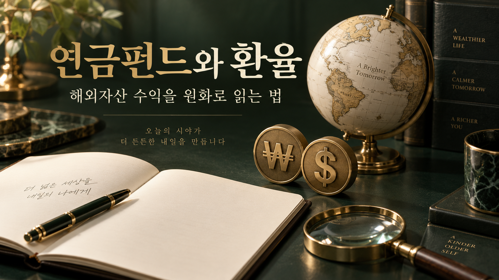 해외 연금펀드와 원화 환율을 설명하는 지구본 및 원화 달러 기호 대표 이미지