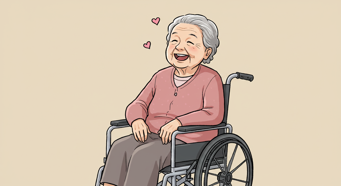 휠체어에 앉아서 미소짖는 할머니 사진