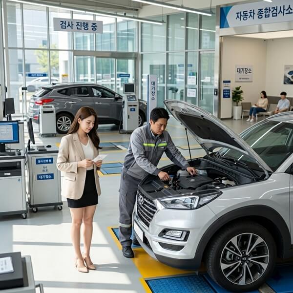 자동차 종합검사소에서 검사를 받고 있는 모습