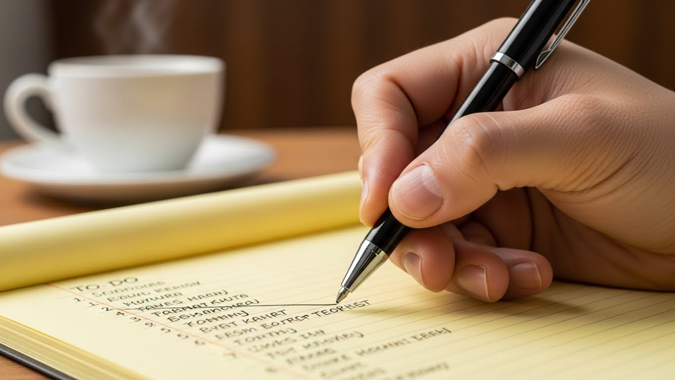 종이 수첩에 적힌 할 일 목록(To-Do List)을 펜으로 지워나가는 손