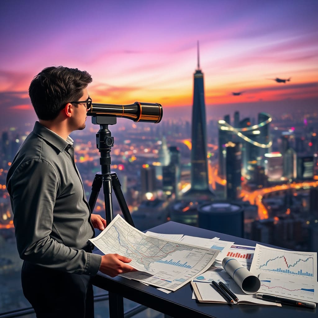 멀리 보이는 미래 도시나 풍경을 배경으로, 한 사람이 망원경을 보거나 지도를 펼쳐 들고 신중하게 생각하는 모습을 그립니다. 앞에는 주식 차트나 투자 서류가 놓여 있어, 현재의 정치적 상황을 분석하며 미래를 내다보는 투자자의 자세를 나타냅니다.