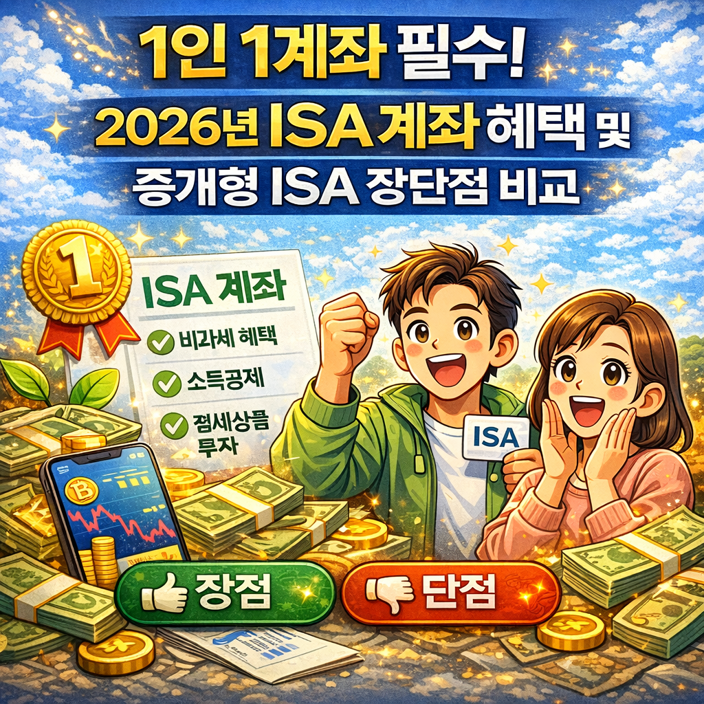 1인 1계좌 필수! 2026년 ISA 계좌 혜택 및 중개형 ISA 장단점 비교
ISA계좌혜택, 중개형ISA, ISA비과세, 절세계좌, 재테크기초, 주식세금, 배당소득세비과세, 만능통장, 거북이의재테크, 부자되는법