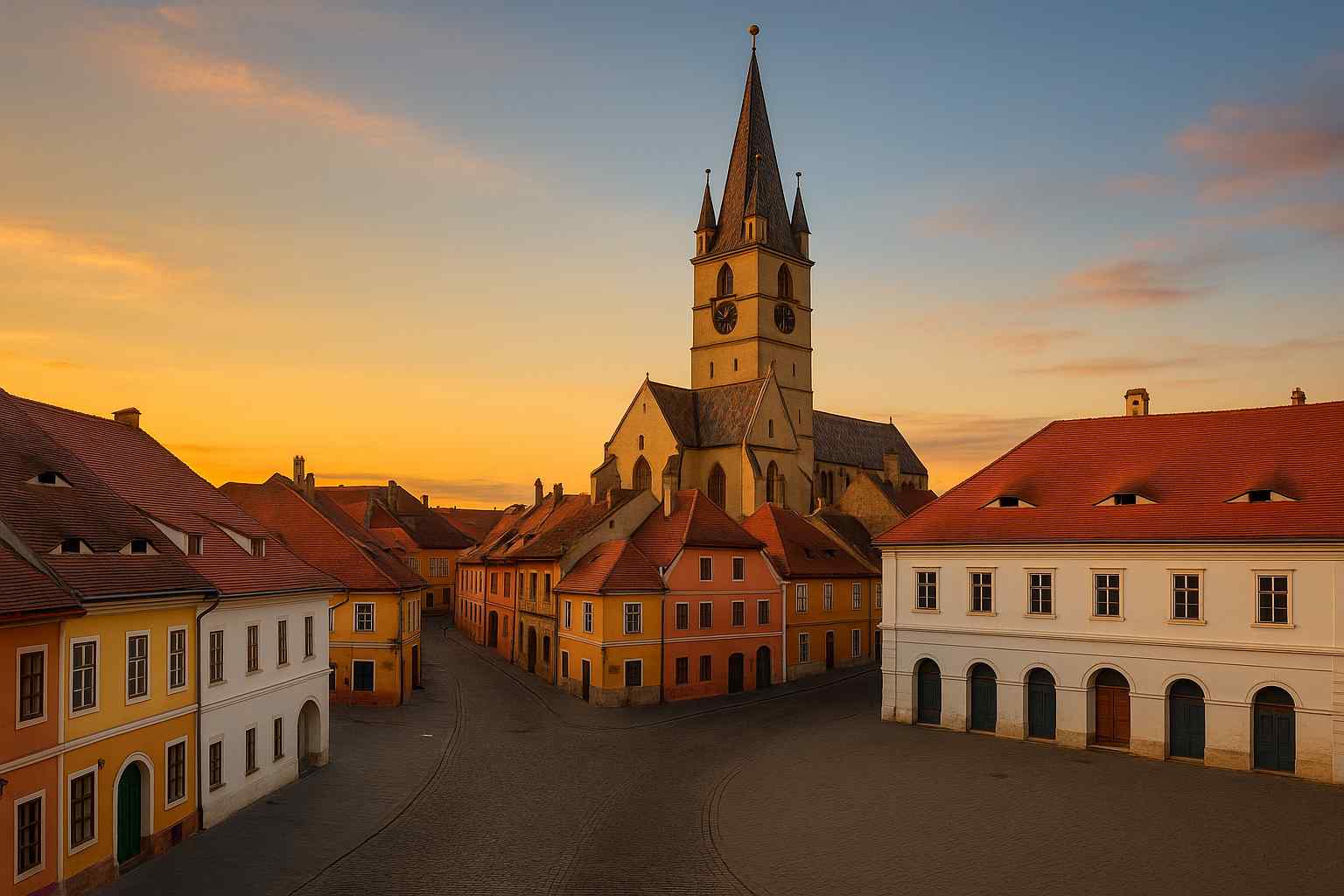 루마니아 시비우의 눈썹 지붕 거리와 대광장이 어우러진 중세 도시의 석양 풍경