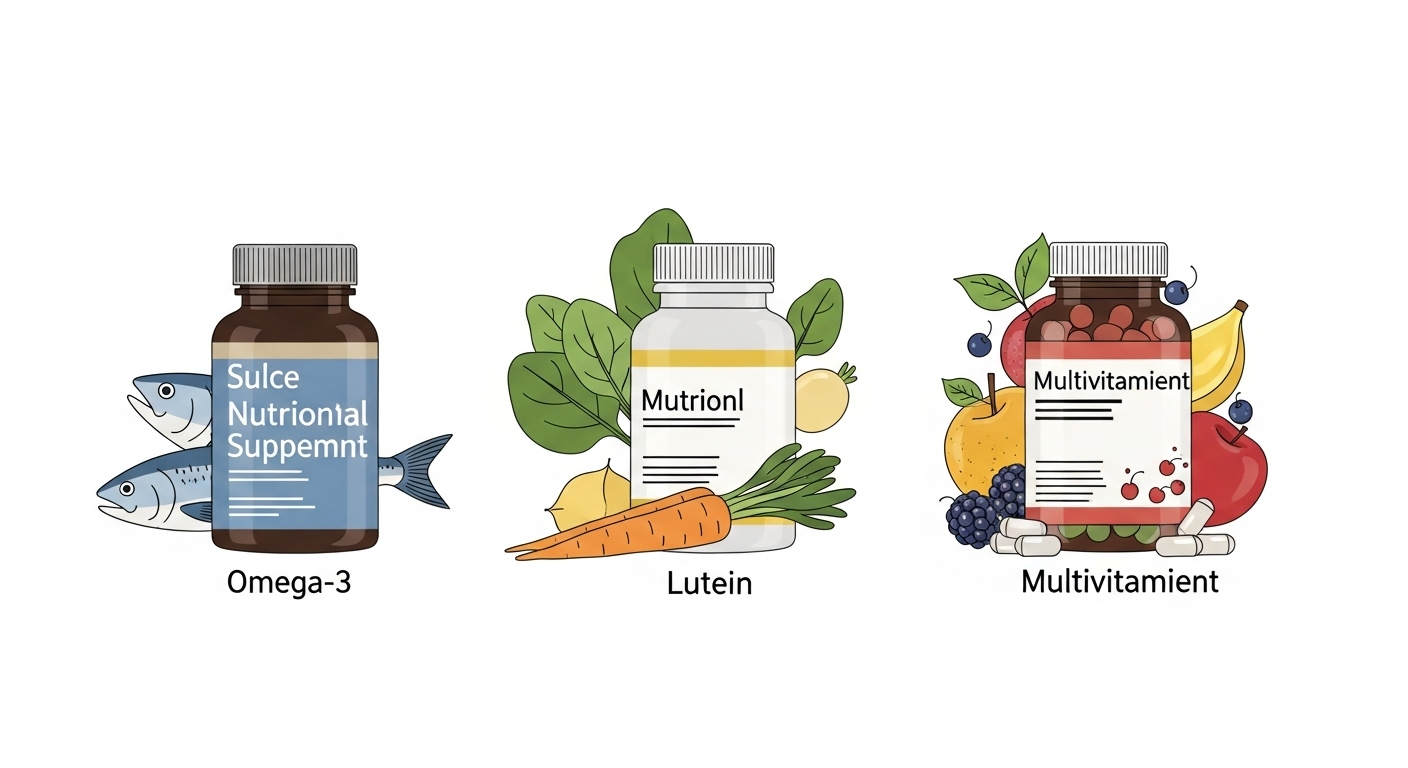 깔끔한 흰색 배경에 3개의 서로 다른 영양제 병들