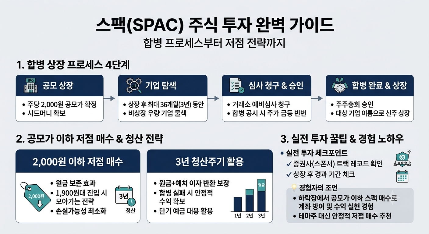 스팩 SPAC 주식 투자 가이드 인포그래픽: 4단계 합병 상장 프로세스, 공모가 2000원 이하 저점 매수 전략, 3년 청산 반환금 구조 및 실전 체크포인트