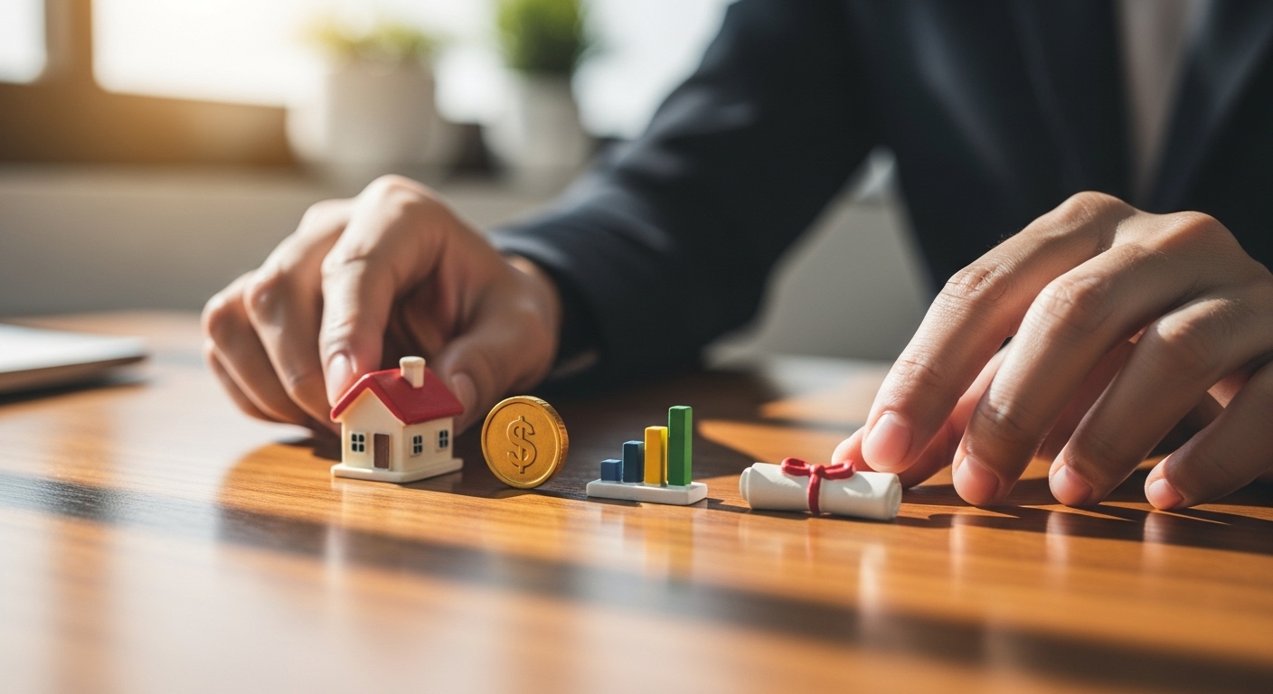 다양한 자산을 신중하게 배분하여 포트폴리오를 구성하는 손의 모습. 분산 투자의 중요성을 상징한다.