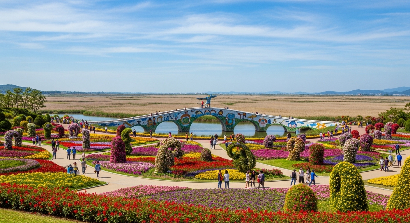 전라남도 순천만국가정원의 아름다운 풍경. 다채로운 꽃과 식물이 어우러진 정원과 '꿈의 다리'가 한눈에 들어온다.